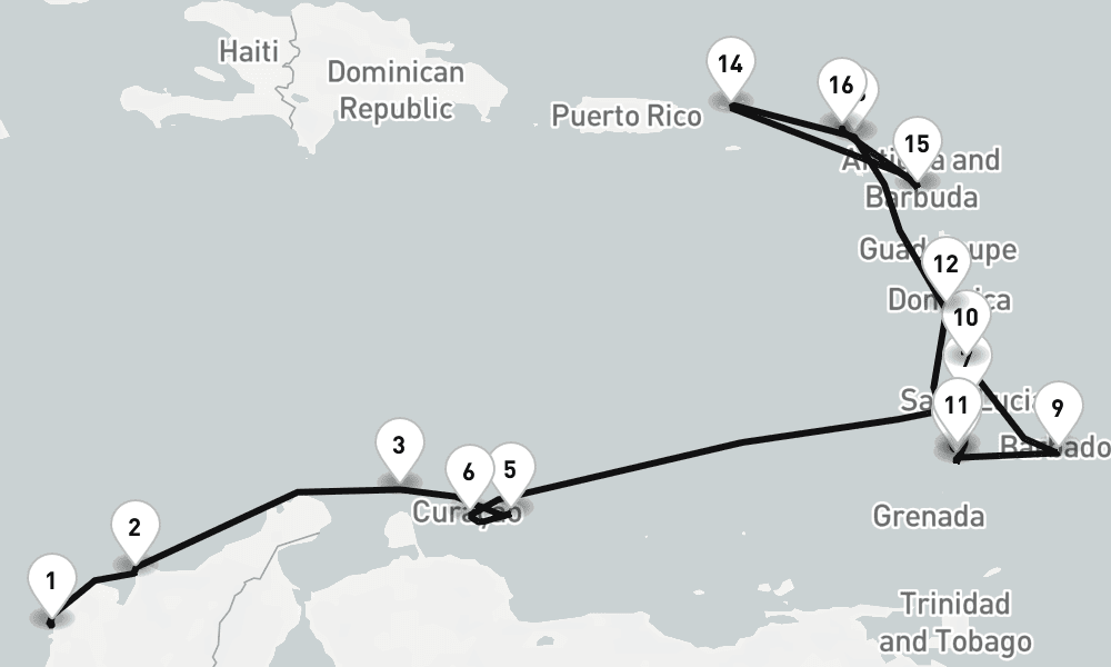16 nights / 17 days, one-way from Cartagena (Colombia) to Philipsburg (St Maarten Island, Dutch Antilles)