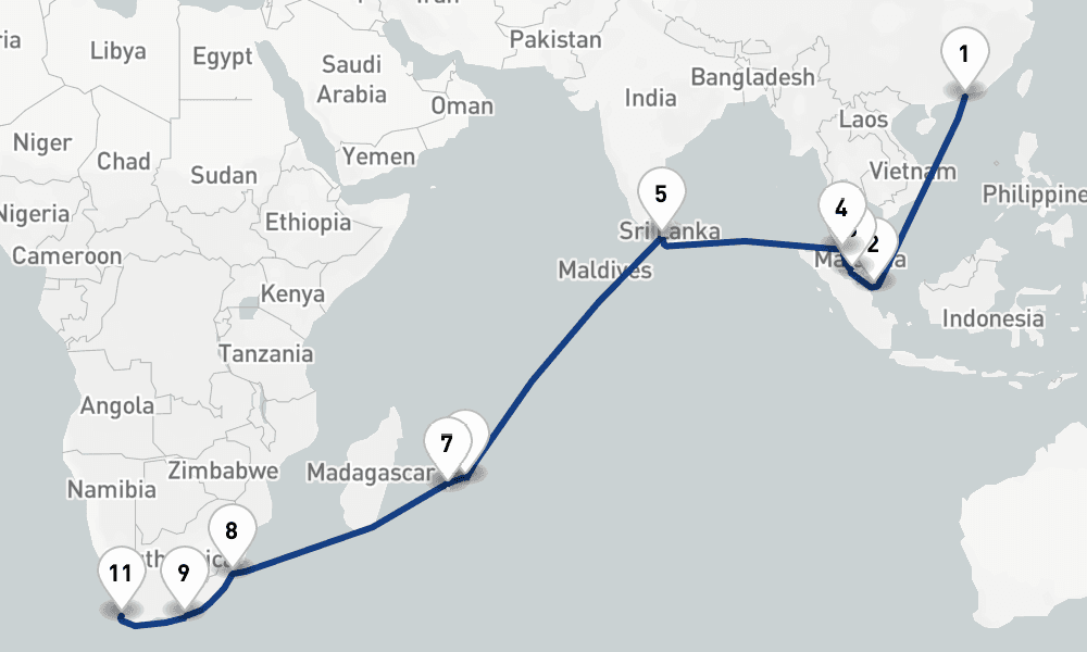 25 nights / 26 days, one-way from Hong Kong to Cape Town