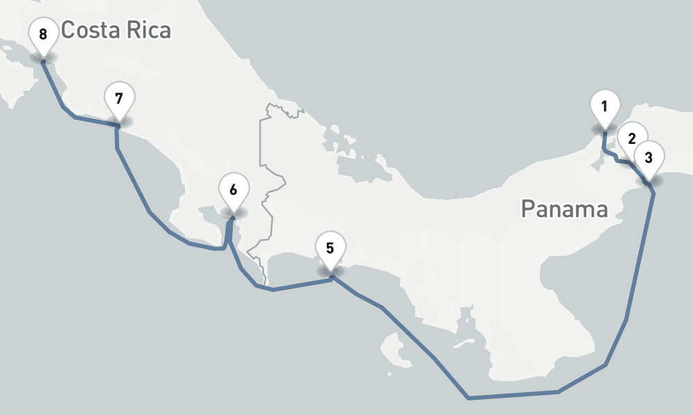 7 nights / 8 days, one-way from Colon to Puntarenas (Puerto Caldera, Costa Rica)