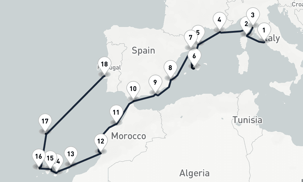 19 nights / 20 days, one-way from Civitavecchia (Rome, Italy) to Lisbon