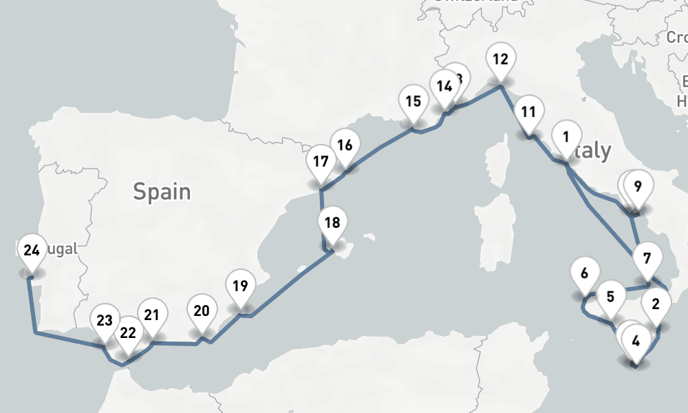 25 nights / 26 days, one-way from Civitavecchia (Rome, Italy) to Lisbon