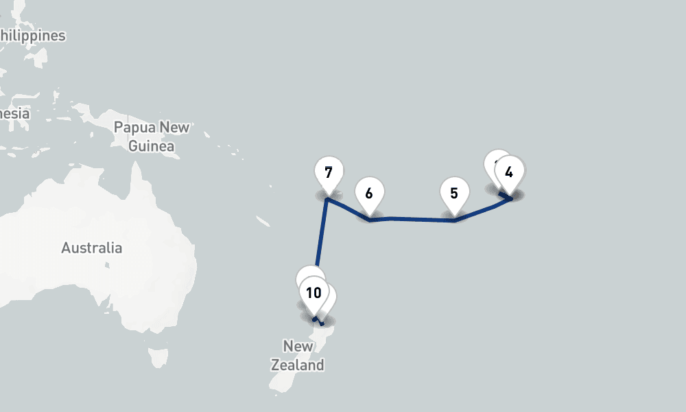 16 nights / 17 days, one-way from Papeete (Tahiti Island, French Polynesia) to Auckland