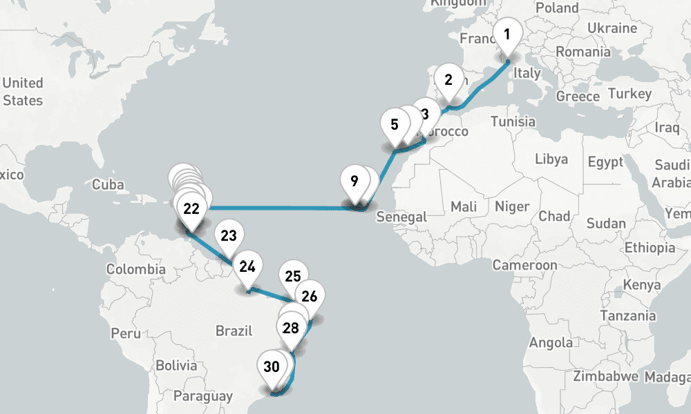 48 nights / 49 days, one-way from Savona to Rio de Janeiro