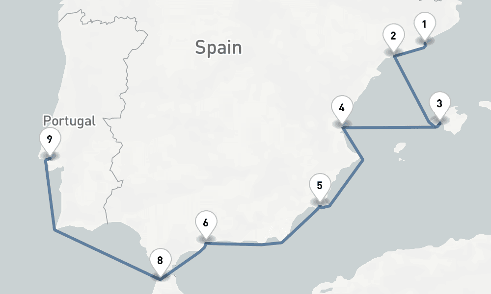 10 nights / 11 days, one-way from Barcelona to Lisbon