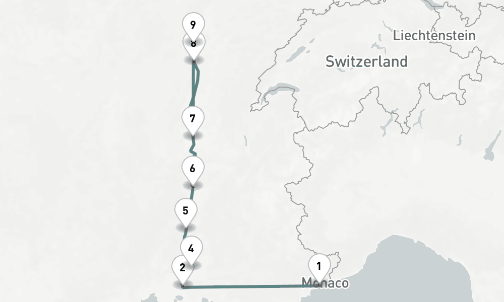 7 nights / 8 days, one-way from Villefranche-sur-Mer (Nice, France Riviera) to Lyon