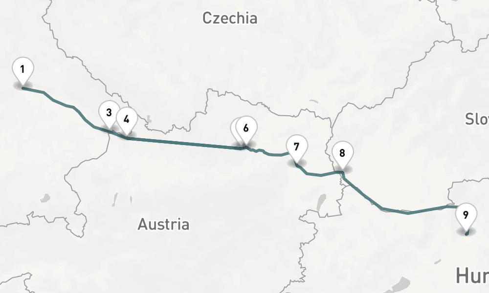 7 nights / 8 days, one-way from Regensburg to Budapest