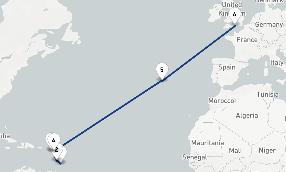 14 nights / 15 days, one-way from Bridgetown (Barbados) to Southampton (England)