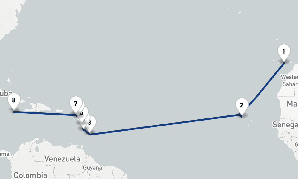 16 nights / 17 days, one-way from Las Palmas (Gran Canaria, Canary Islands) to Kingston