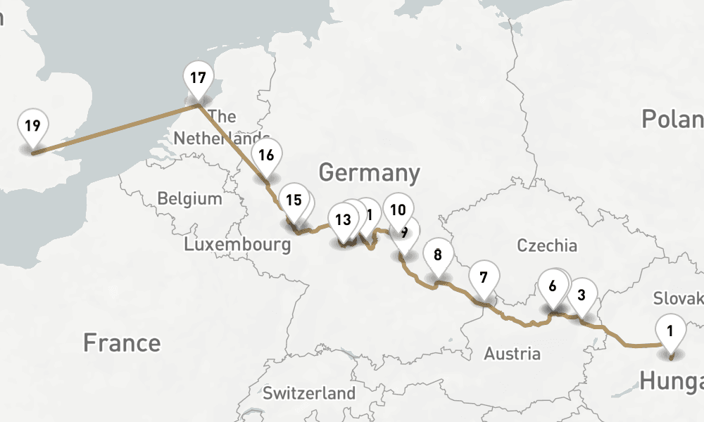 17 nights / 18 days, one-way from Budapest to Greenwich (London, England)