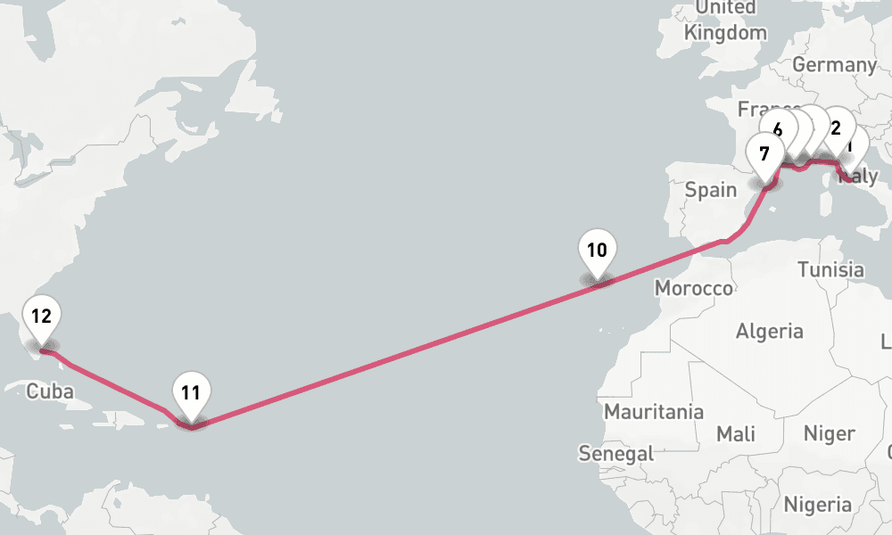 21 nights / 22 days, one-way from Civitavecchia (Rome, Italy) to Fort Lauderdale (Everglades, Florida)