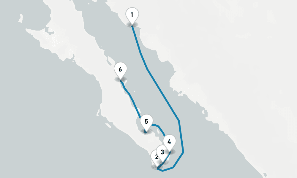 7 nights / 8 days, one-way from Guaymas (San Carlos, Mexico) to Loreto (Baja California Mexico)