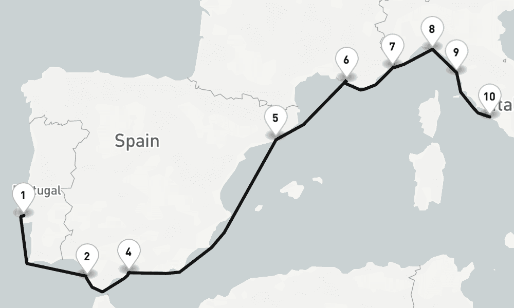 10 nights / 11 days, one-way from Lisbon to Civitavecchia (Rome, Italy)