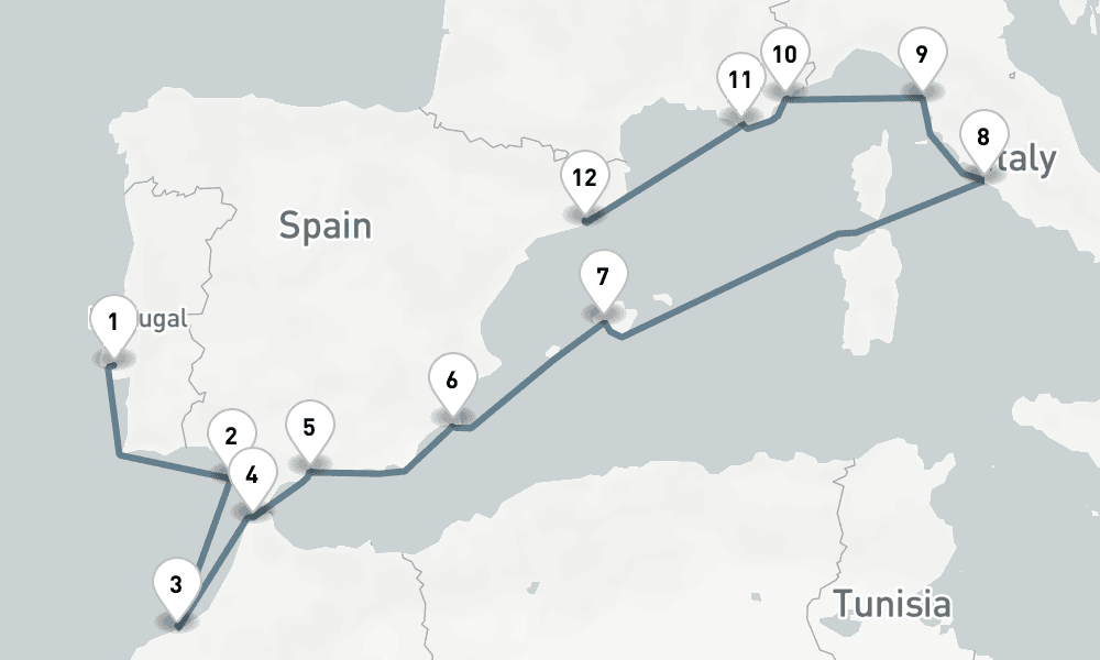 14 nights / 15 days, one-way from Lisbon to Barcelona