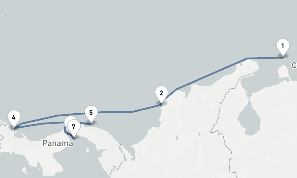 8 nights / 9 days, one-way from Oranjestad (Aruba Island, Dutch Antilles) to Panama City (Fuerte Amador, Balboa)