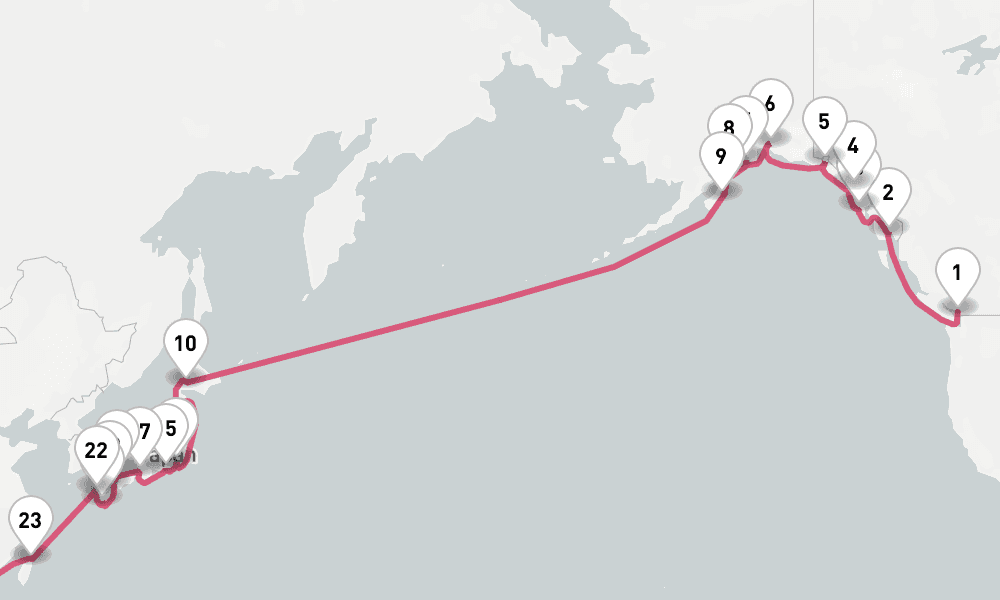 37 nights / 38 days, one-way from Vancouver (BC Canada) to Hong Kong