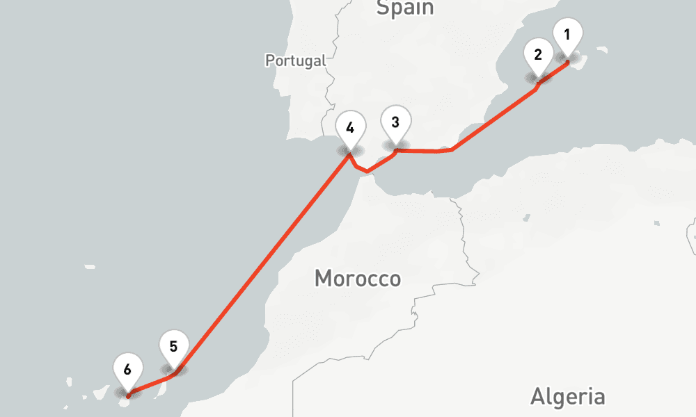 7 nights / 8 days, one-way from Palma de Mallorca (Majorca Island, Spain) to Las Palmas (Gran Canaria, Canary Islands)