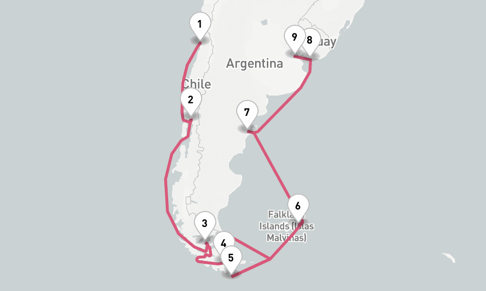 17 nights / 18 days, one-way from Valparaiso (Santiago, Chile) to Buenos Aires