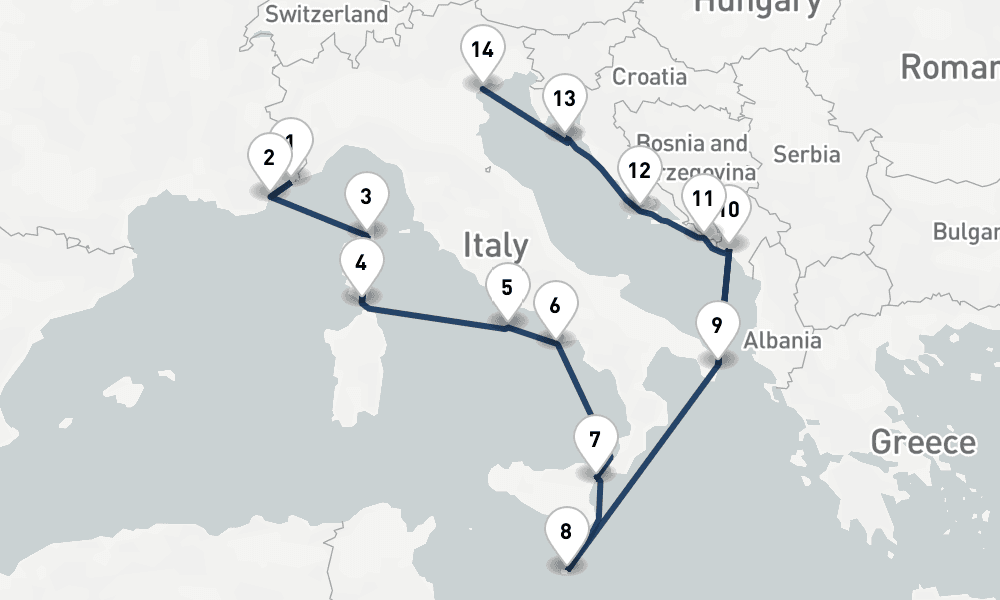 14 nights / 15 days, one-way from Villefranche-sur-Mer (Nice, France Riviera) to Venice