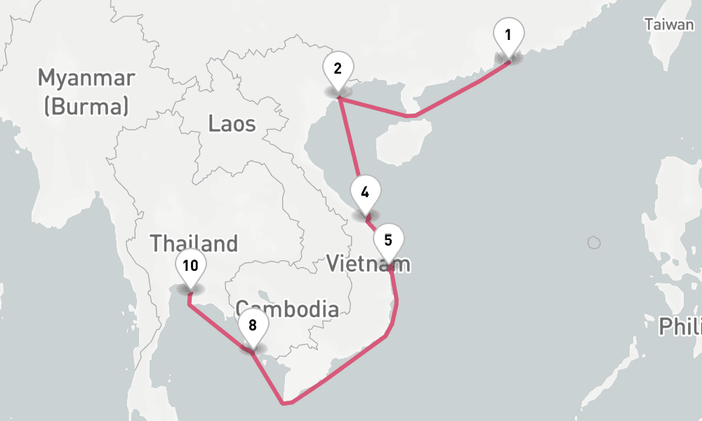14 nights / 15 days, one-way from Hong Kong to Laem Chabang (Bangkok, Thailand)