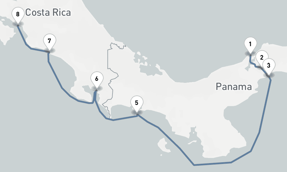 7 nights / 8 days, one-way from Colon to Puntarenas (Puerto Caldera, Costa Rica)