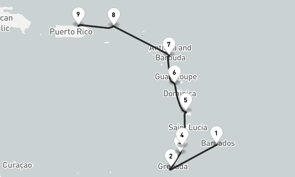8 nights / 9 days, one-way from Bridgetown (Barbados) to San Juan (Puerto Rico)