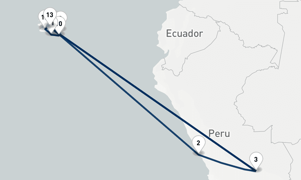 14 nights / 15 days, one-way from Santa Cruz Island (Galapagos) to Baltra Island (Galapagos)