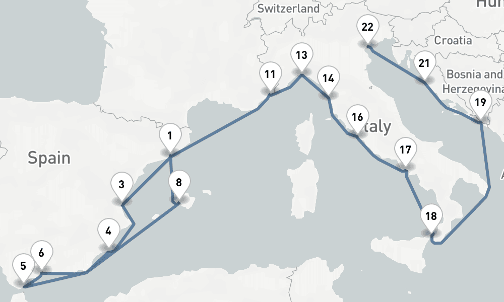 24 nights / 25 days, one-way from Barcelona to Venice