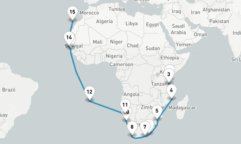 30 nights / 31 days, one-way from Mombasa to Las Palmas (Gran Canaria, Canary Islands)