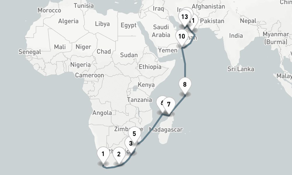 20 nights / 21 days, one-way from Cape Town to Dubai (Port Rashid, UAE)