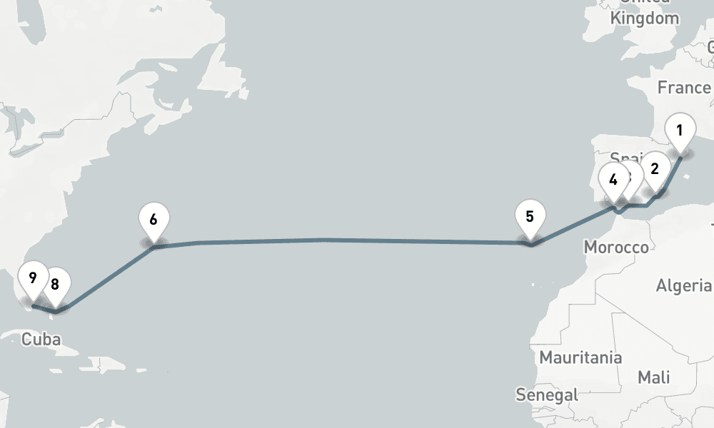 16 nights / 17 days, one-way from Barcelona to Miami (Florida)