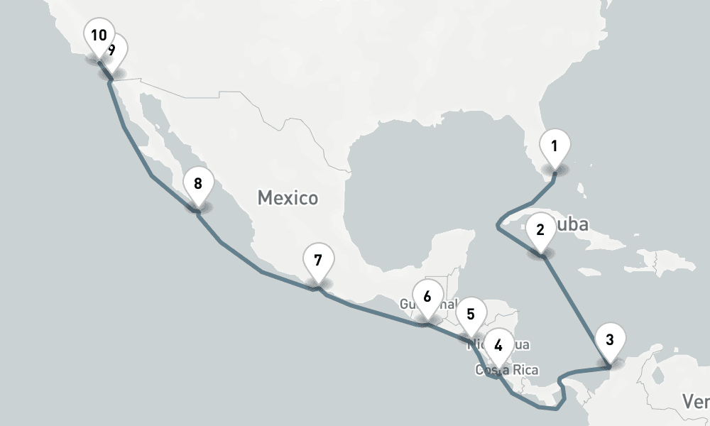 16 nights / 17 days, one-way from Miami (Florida) to Los Angeles (San Pedro / Long Beach)