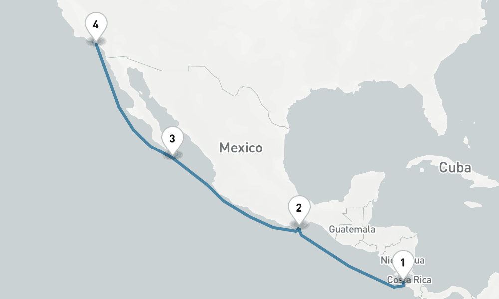 12 nights / 13 days, one-way from Puntarenas (Puerto Caldera, Costa Rica) to Los Angeles (San Pedro / Long Beach)