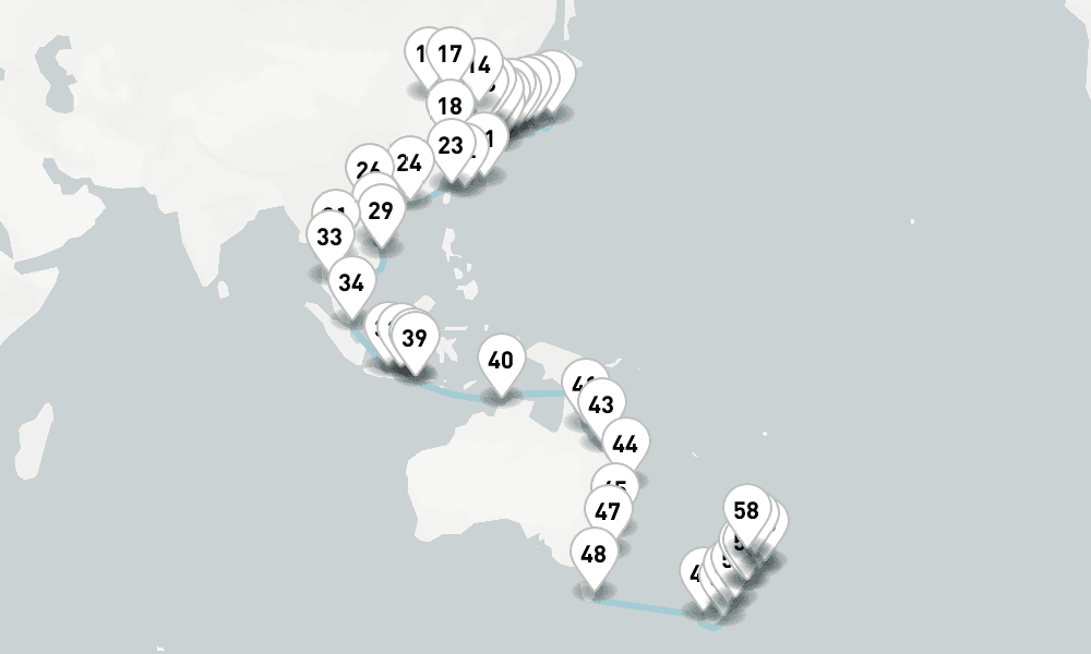 78 nights / 79 days, one-way from Tokyo to Auckland