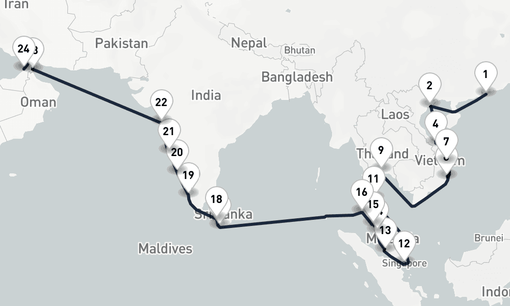 32 nights / 33 days, one-way from Hong Kong to Dubai (Port Rashid, UAE)