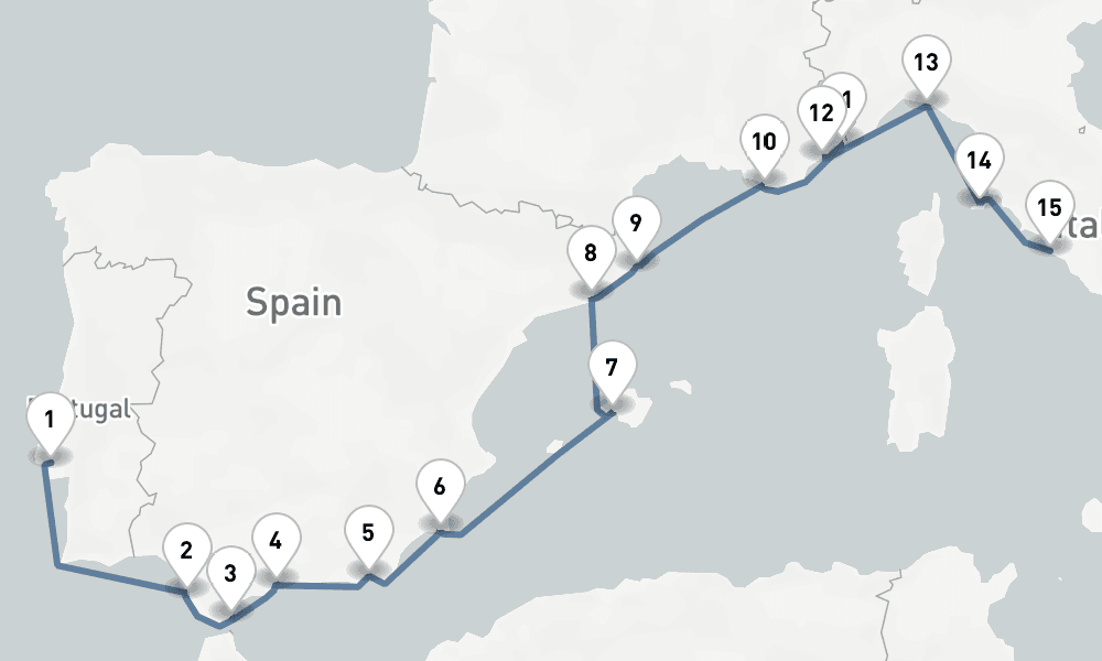 15 nights / 16 days, one-way from Lisbon to Civitavecchia (Rome, Italy)