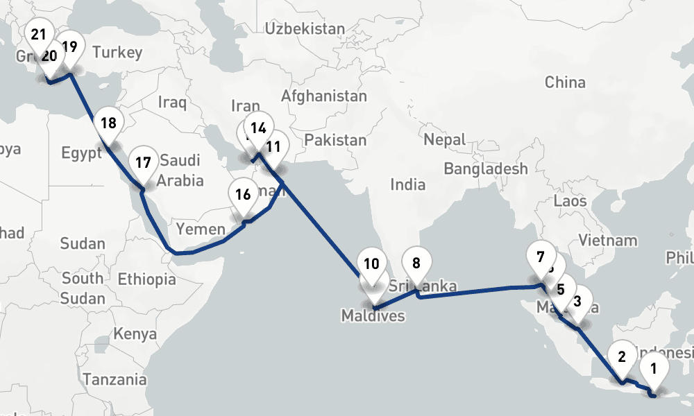 36 nights / 37 days, one-way from Benoa (Bali, Indonesia) to Piraeus (Athens, Greece)