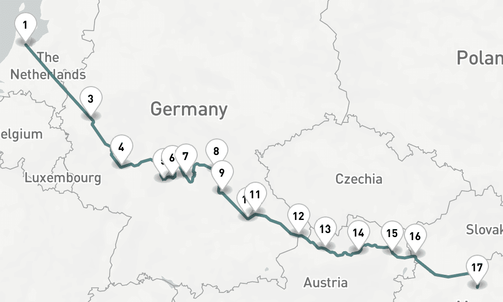 14 nights / 15 days, one-way from Amsterdam (Holland) to Budapest