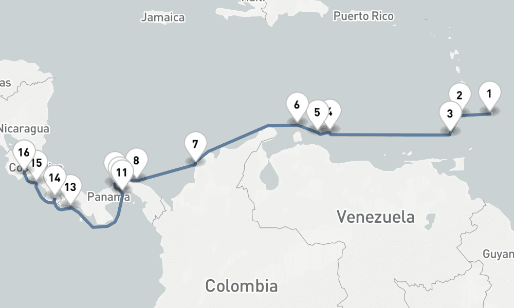 18 nights / 19 days, one-way from Bridgetown (Barbados) to Puntarenas (Puerto Caldera, Costa Rica)