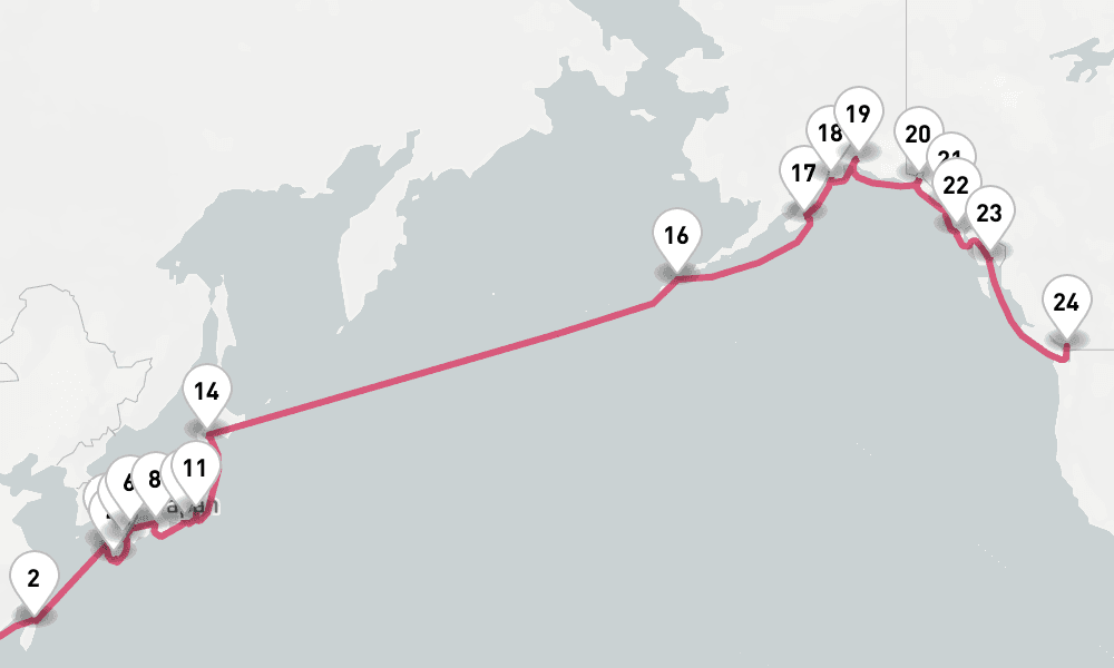 35 nights / 36 days, one-way from Hong Kong to Vancouver (BC Canada)