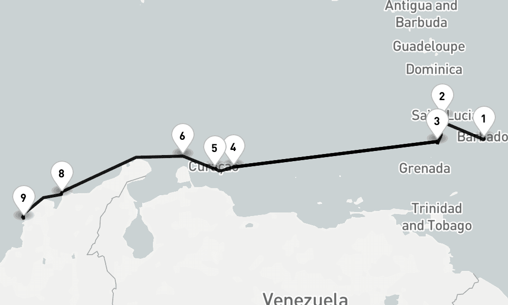 9 nights / 10 days, one-way from Bridgetown (Barbados) to Cartagena (Colombia)