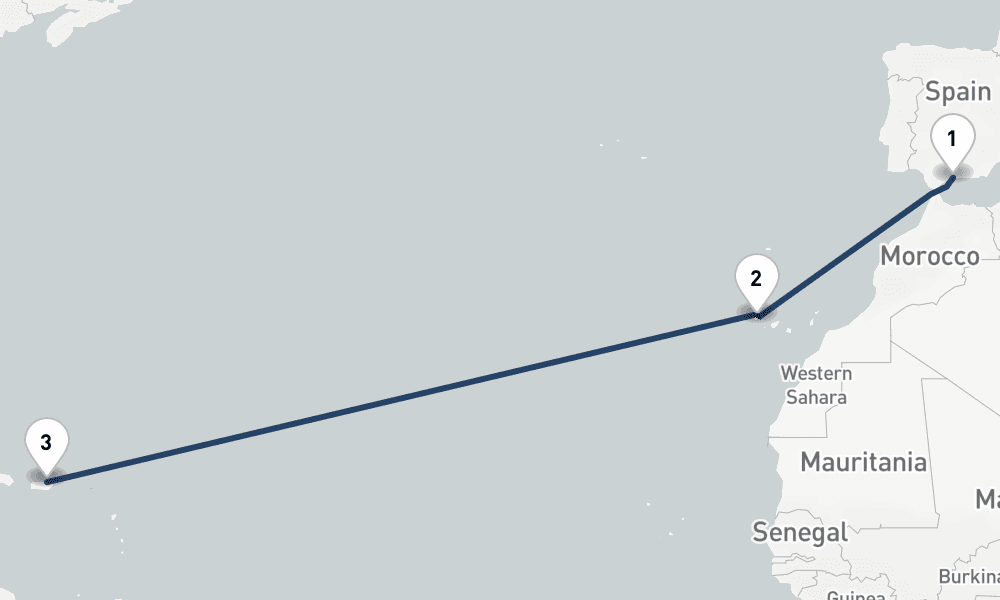 13 nights / 14 days, one-way from Malaga to San Juan (Puerto Rico)