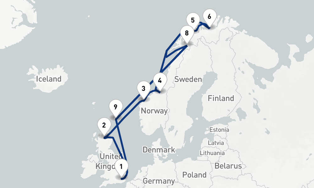 16 nights / 17 days, Tilbury (London, England) Round trip