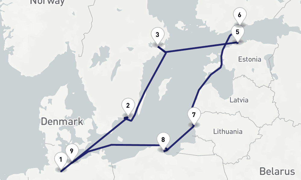 11 nights / 12 days, one-way from Hamburg to Travemunde (Lubeck, Germany)