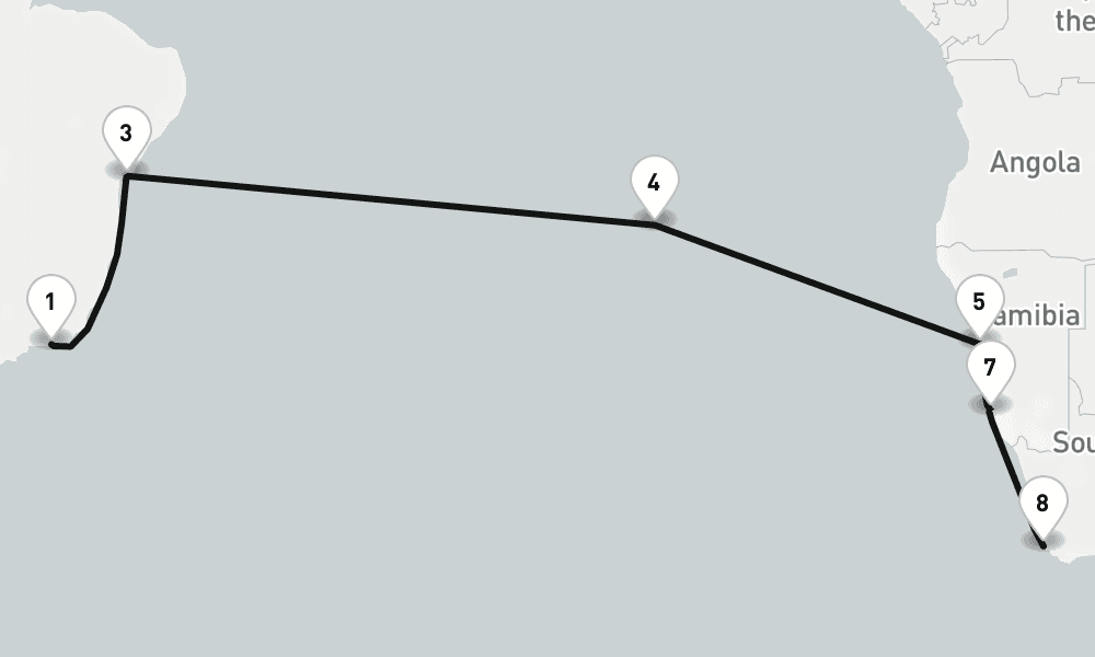 19 nights / 20 days, one-way from Rio de Janeiro to Cape Town