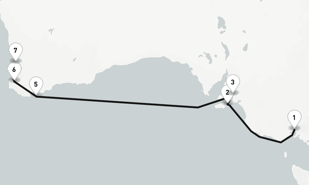 10 nights / 11 days, one-way from Melbourne (Victoria, Australia) to Fremantle (Perth, Western Australia)