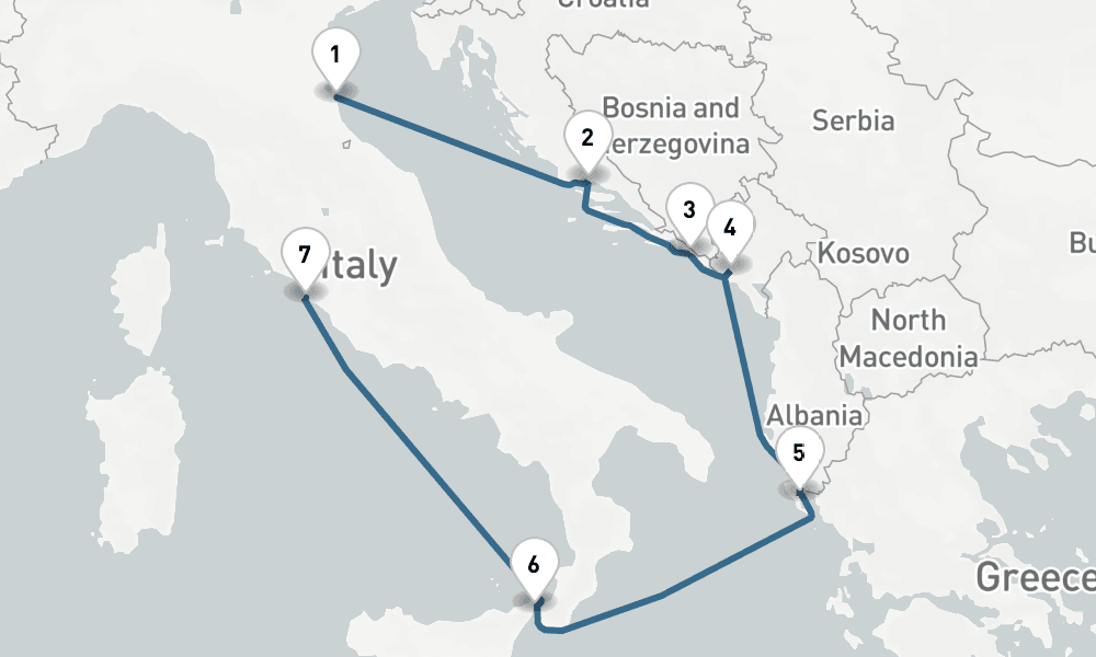 7 nights / 8 days, one-way from Ravenna to Civitavecchia (Rome, Italy)