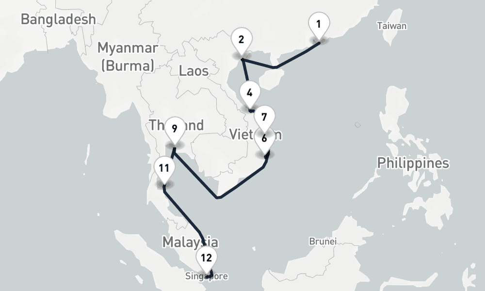 14 nights / 15 days, one-way from Hong Kong to Singapore