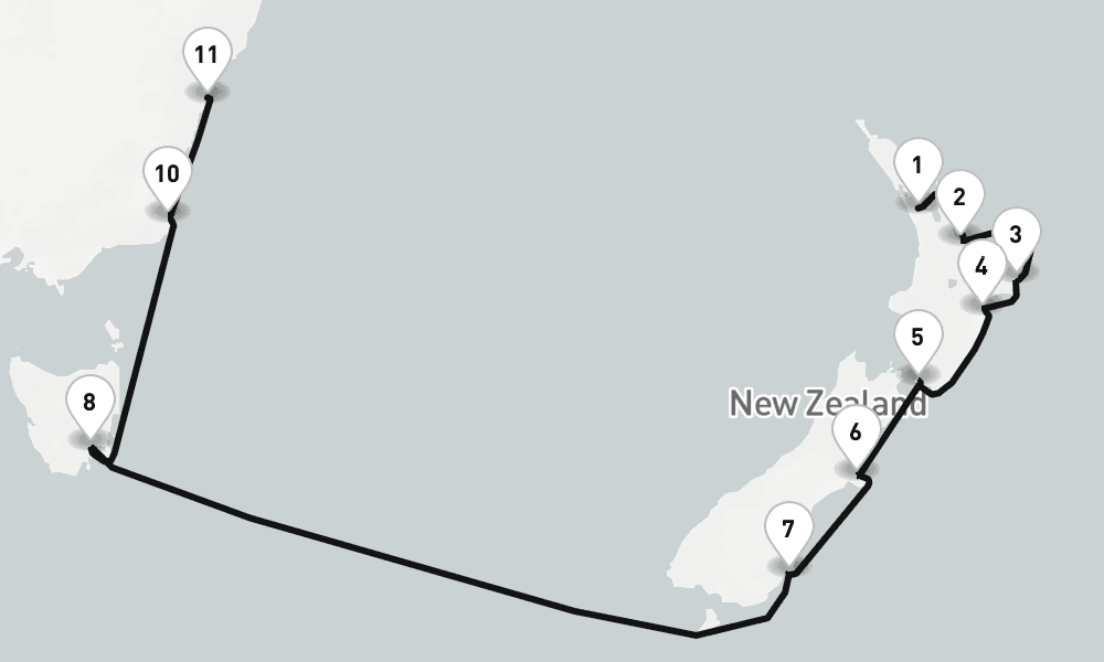 14 nights / 15 days, one-way from Auckland to Sydney (NSW, Australia)