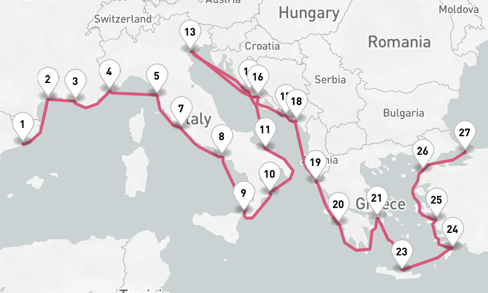 28 nights / 29 days, one-way from Barcelona to Istanbul