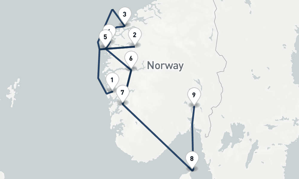 7 nights / 8 days, one-way from Bergen to Oslo